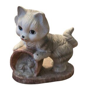 Vintage Kitten Cat With Mouse in Basket Figurine 1989